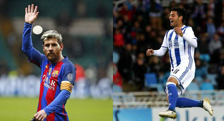 <i>Txuriurdin vs La Blaugrana:</i> Carlos Vela (R) and the rest of the Real Sociedad team will have to be on their toes if they are to upset the might Barcelona on Sunday night. Will Lionel Messi (L) decide the outcome of yet another La Liga clash with a swing of his brilliant left-foot? img