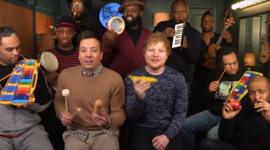 Ed Sheeran performs ‘Shape of You’ with classroom instruments