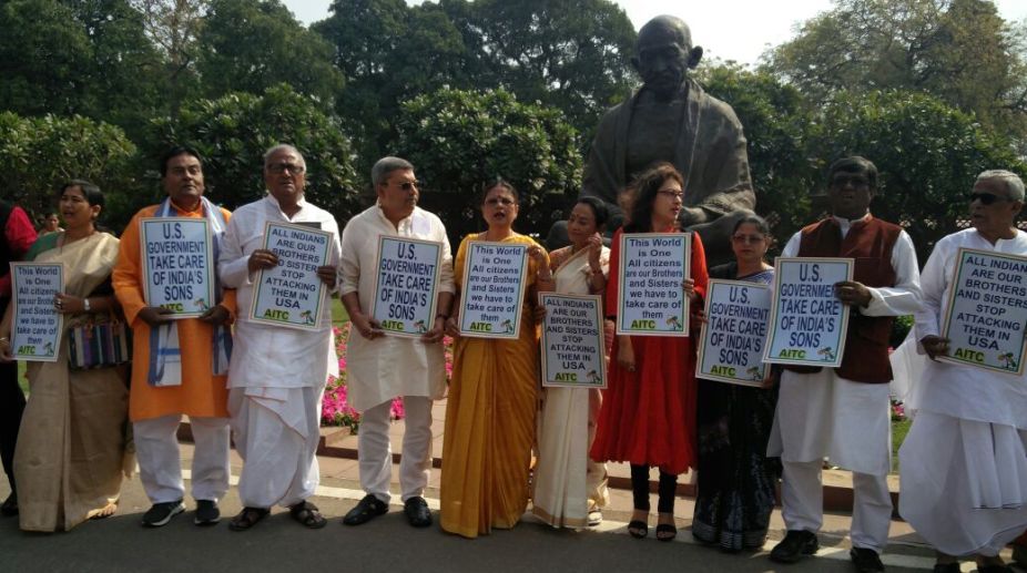 TMC MPs stage dharna against killings of Indians in US