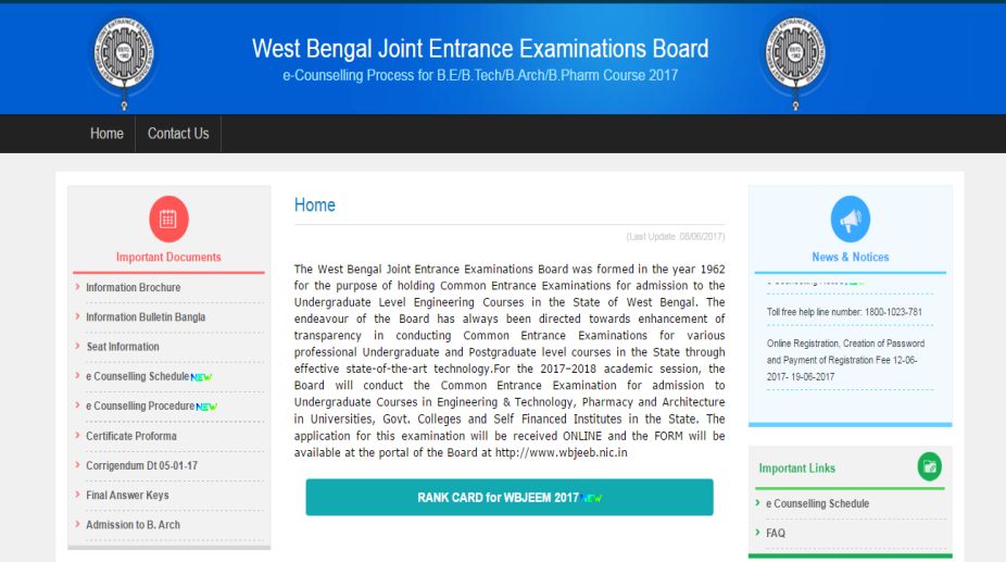 WBJEE 2017counselling to be conducted from 12 June to 17 July