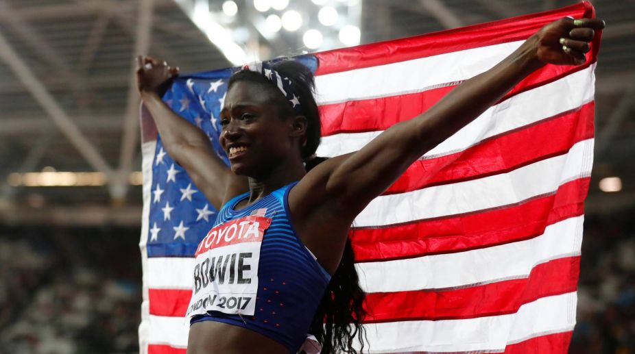 Bowie wins women’s 100m world title, Thompson flops