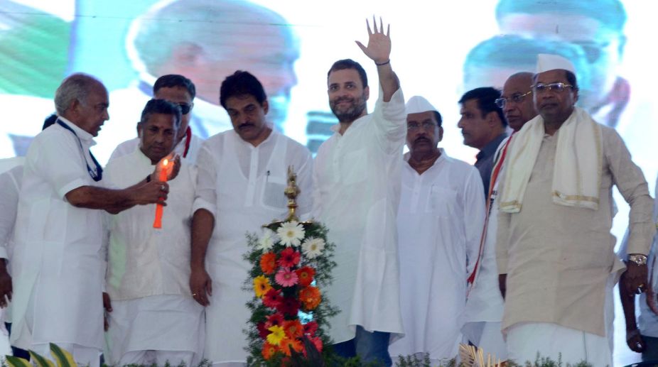 Karnataka, Chief Minister, Siddaramaiah, Congress President, Rahul Gandhi and KC Venugopal during the inauguration of "Samanatha Samavesha Conference" in Raichur of Karnataka on Wednesday. (Photo: IANS)