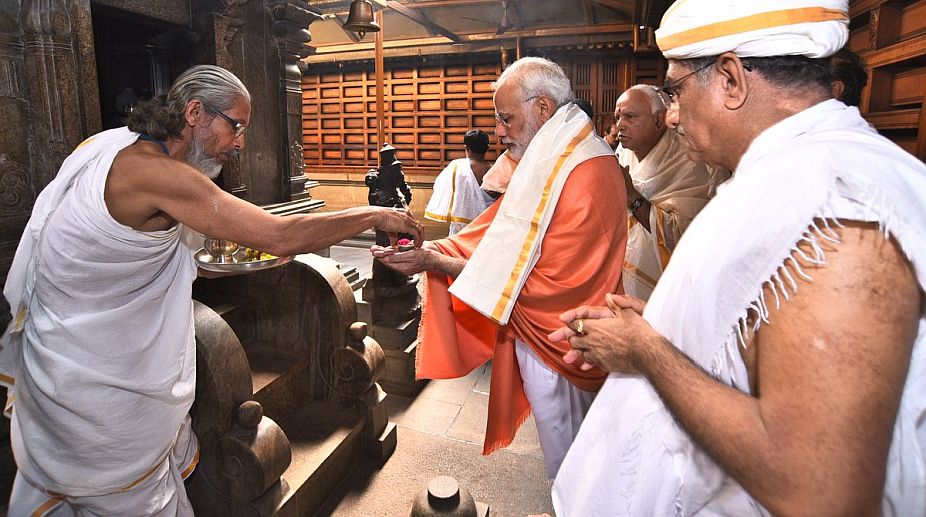 PM Modi offers prayers in Karnataka’s Dharmasthala temple; addresses rally