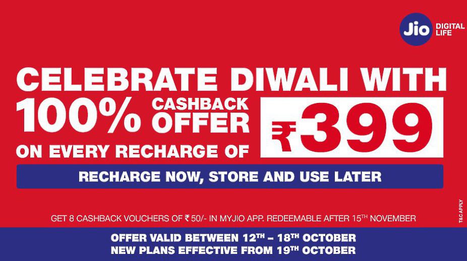 Reliance Jio Diwali Dhan Dhana Dhan Rs. 399 offer with 100 percent cashback announced