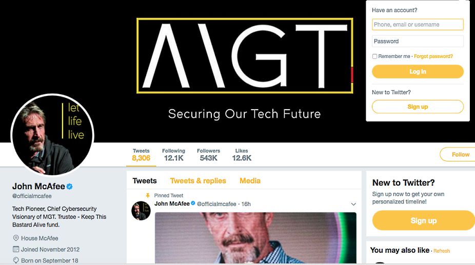 Cyber security expert John McAfee’s Twitter account hacked
