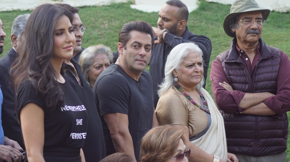 Salman Khan at a book launch with Katrina Kaif and father Salim Khan