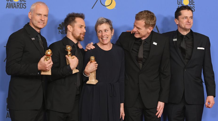 The team of 'Three Billboards Outside Ebbing, Missouri', poses for the cameras after the event (Photo Credits: AFP) img