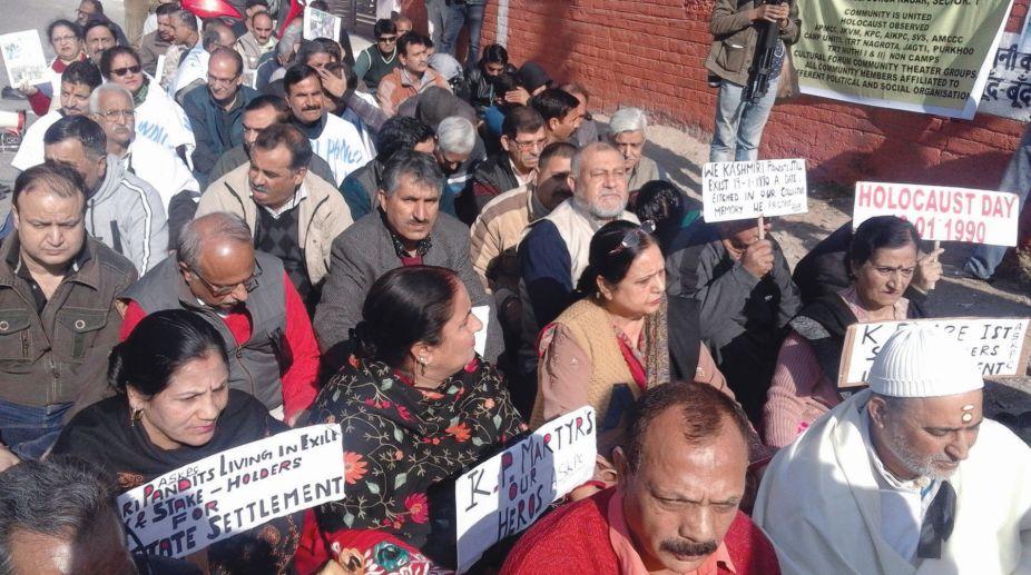 Kashmiri Pandits demonstrating outside Raj Bhavan at Jammu