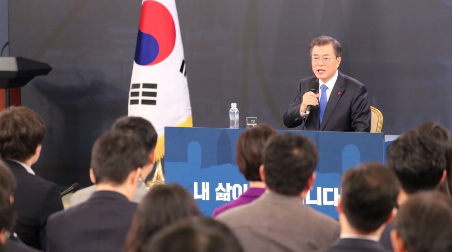 Seoul: President Moon Jae-in holds a press conference after delivering his new year address at the presidential office on Jan. 10, 2018.