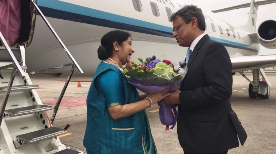 Swaraj arrives in Singapore after talks with ASEAN secretary general