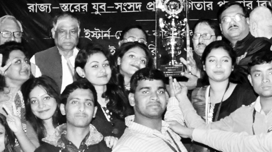 Students of Muragachha Government College,Nadia , champion of Youth Parliament Competition in college level at EZCC in Kolkata on Monday. Debraj Mukherjee