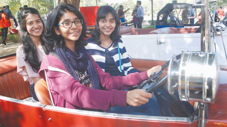 3 Young Girl Driver in 'The Statesman Vintage and Classic Car Rally-2017", in the capital on Sunday. (Photo: Subrata Dutta)