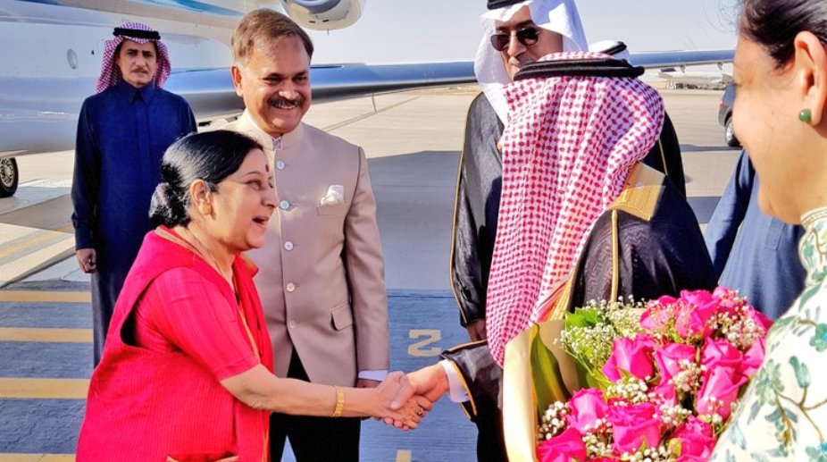 Sushma Swaraj reaches Riyadh on her first ever visit to Saudi Arabia