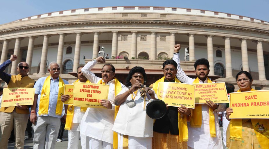 TDP leaders protest at the Parliament