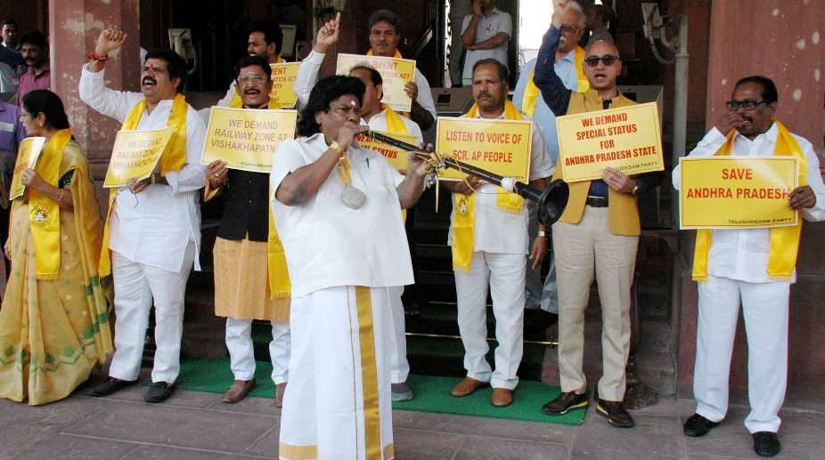 TDP leaders protest at the Parliament