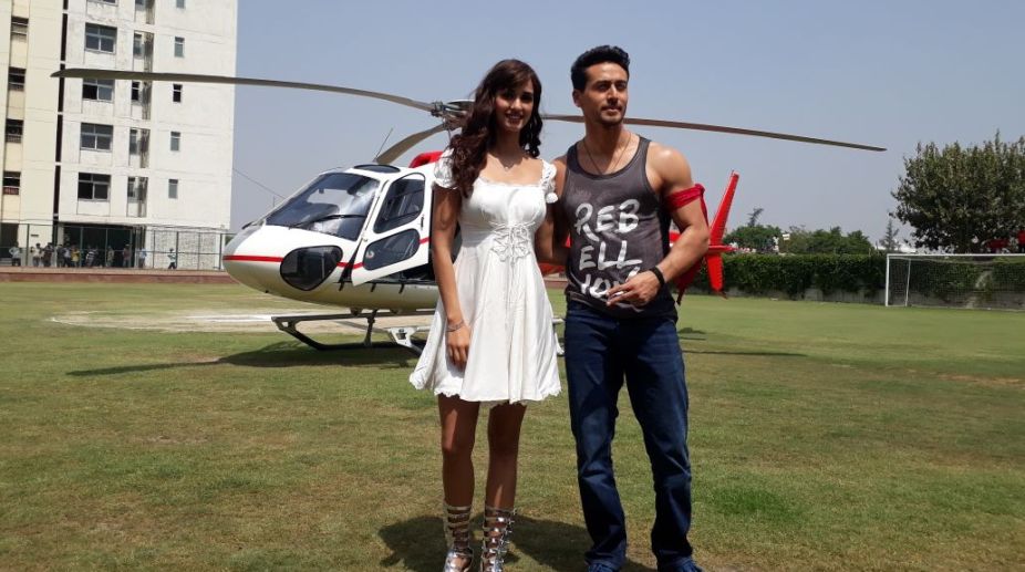 ‘Baaghi 2’: Tiger, Disha make entry in helicopter at GL Bajaj College in Delhi