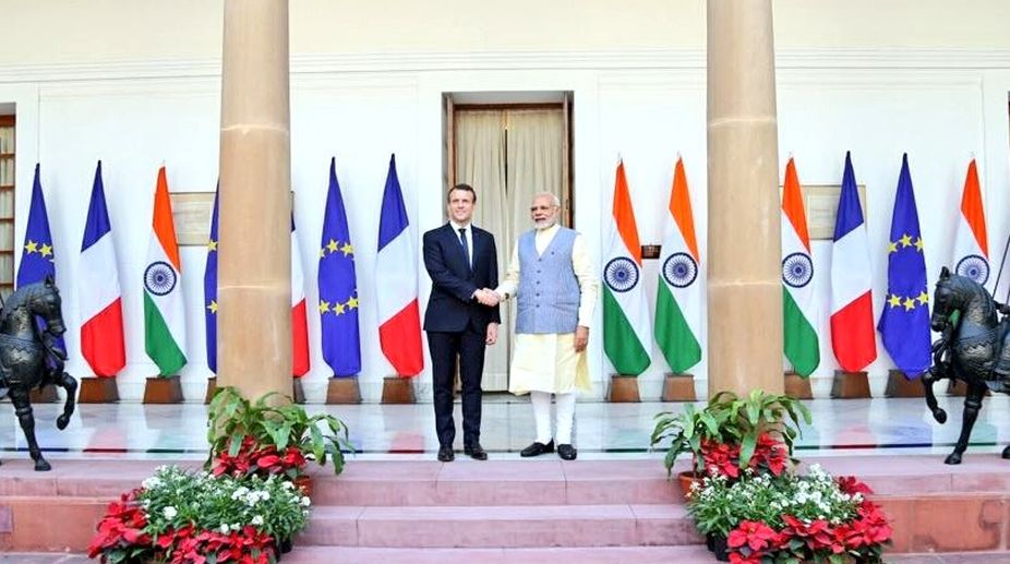 PM Modi welcomes Macron at Hyderabad House ahead of bilateral talks
