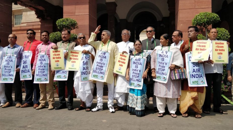 Trinamool leaders stage protest against Air India sale in Parliament