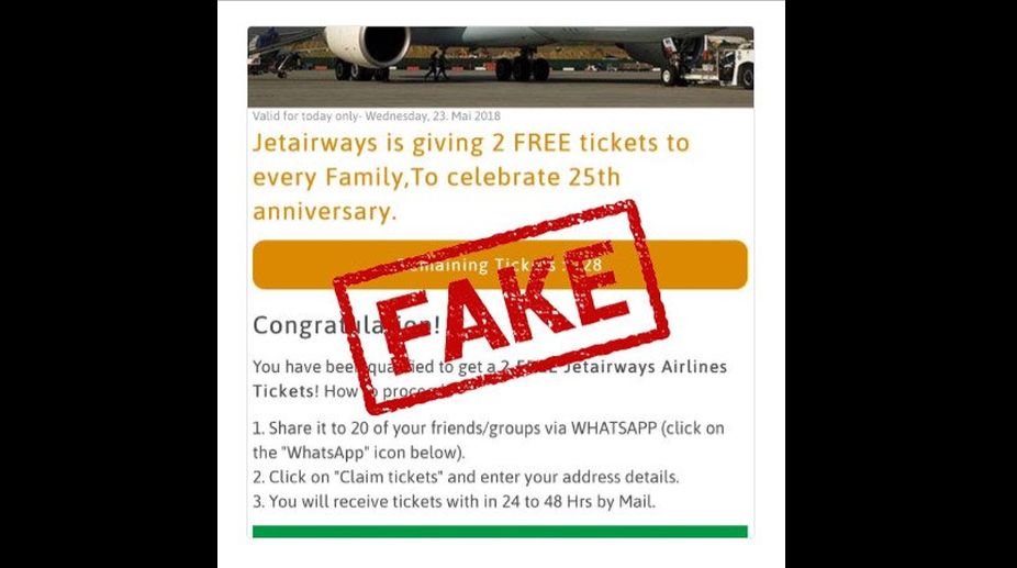 Viral message offering free Jet Airways tickets fake, airline advises caution
