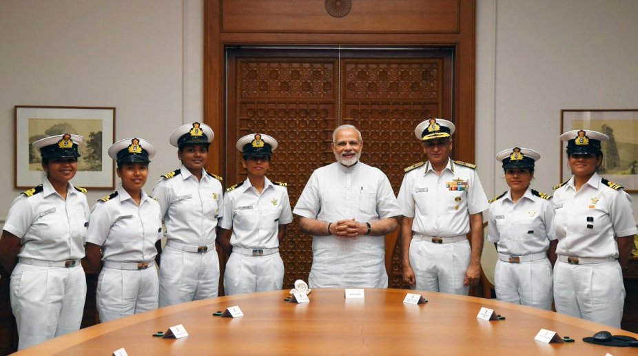PM Modi meets INSV Tarini crew, encourages them to pen their voyage
