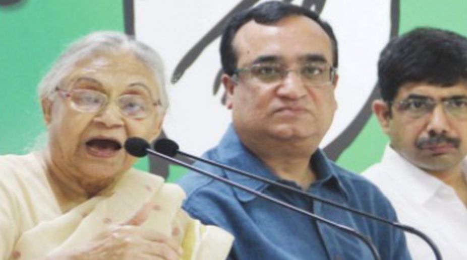 Former Delhi Chief Minister Sheila Dikshit with DPCC President Ajay Maken during a press conference, in the Capital on Friday. (Photo: Ritik Jain)
