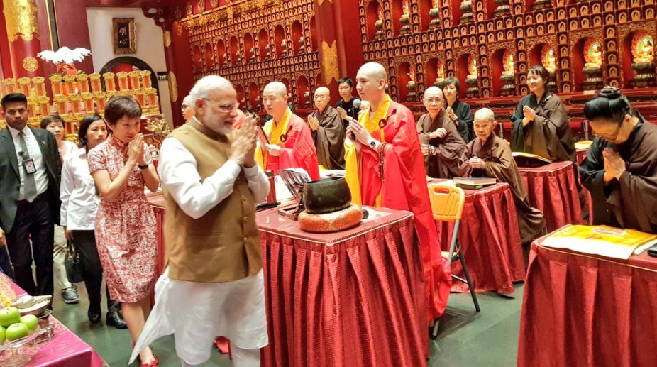 Prime Minister Narendra Modi at the Buddha Tooth Relic Temple and Museum in Singapore. (Photo: Twitter)