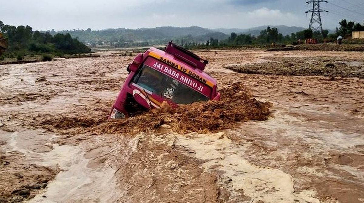 Landslides, bad weather, A bus got washed away in flashfloods in Jammu.