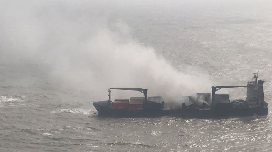 Indian Navy anchors burning merchant vessel SSL Kolkata at the Ganges Delta