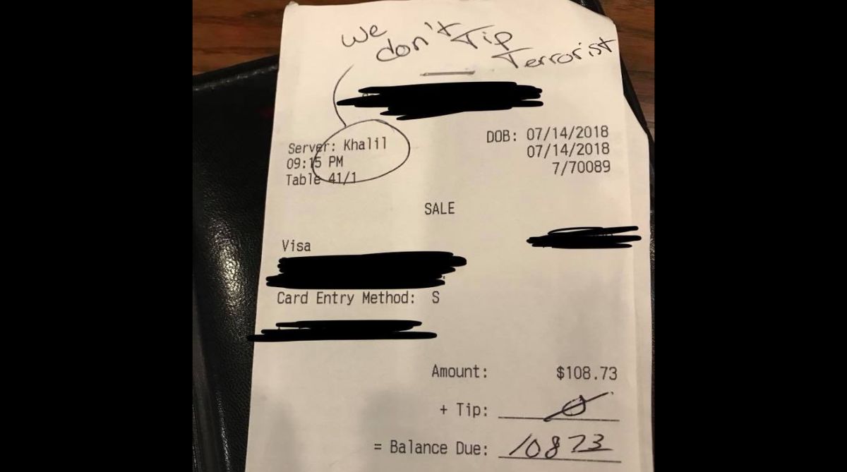 US | Customer refuses to tip waiter with a ‘Muslim name’, writes ‘we don’t tip terrorist’