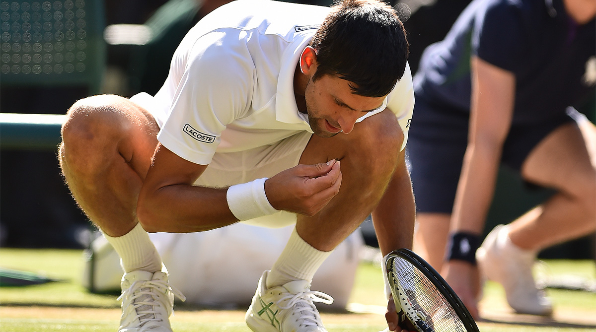 Novak Djokovic celebrates by eating grass 