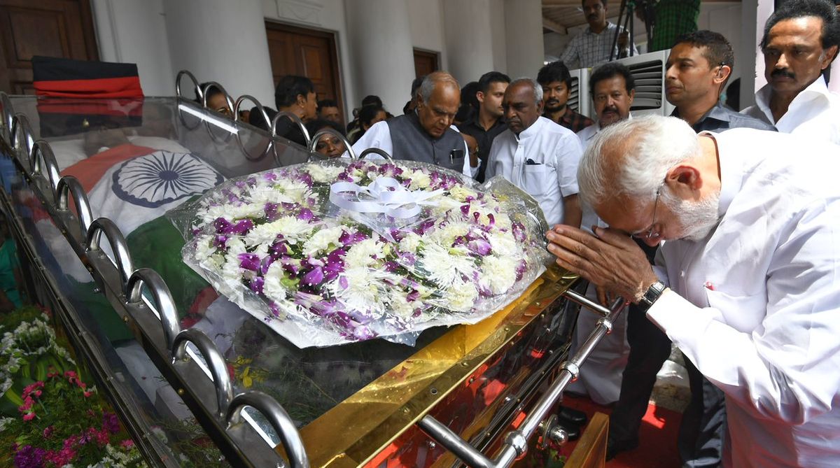 PM Narendra Modi pays homage to Karunanidhi