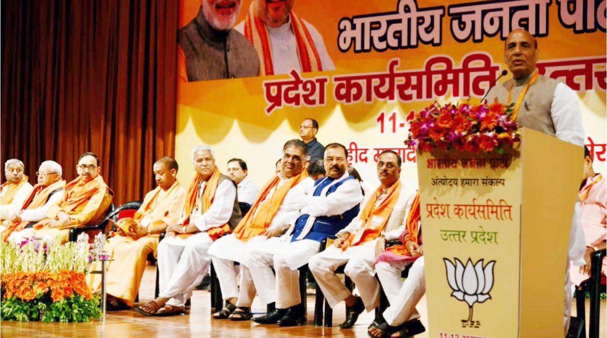 Rajnath Singh tells BJP workers to meet ‘target 350’ for Lok Sabha election