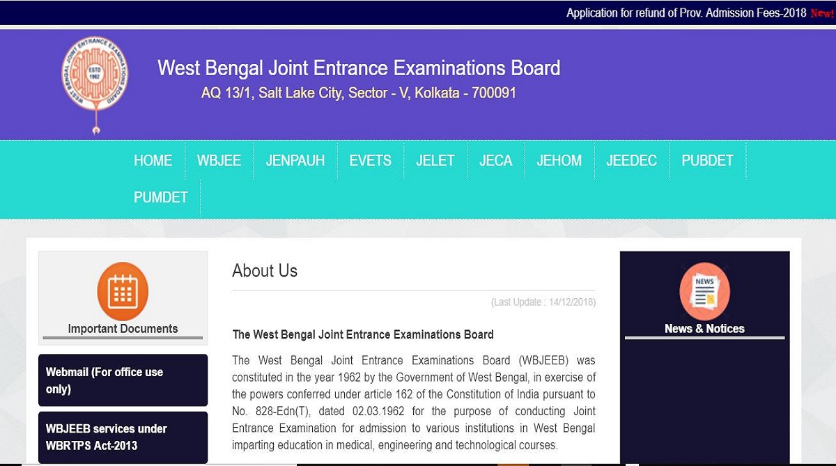 West Bengal JEE 2019, West Bengal Joint Entrance Examination Board