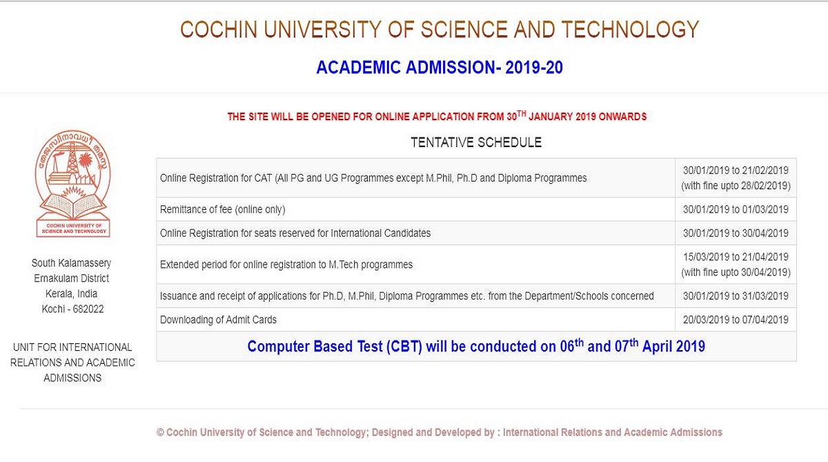 CUSAT CAT 2019: Online registrations to begin from January 30, check details at admissions.cusat.ac.in