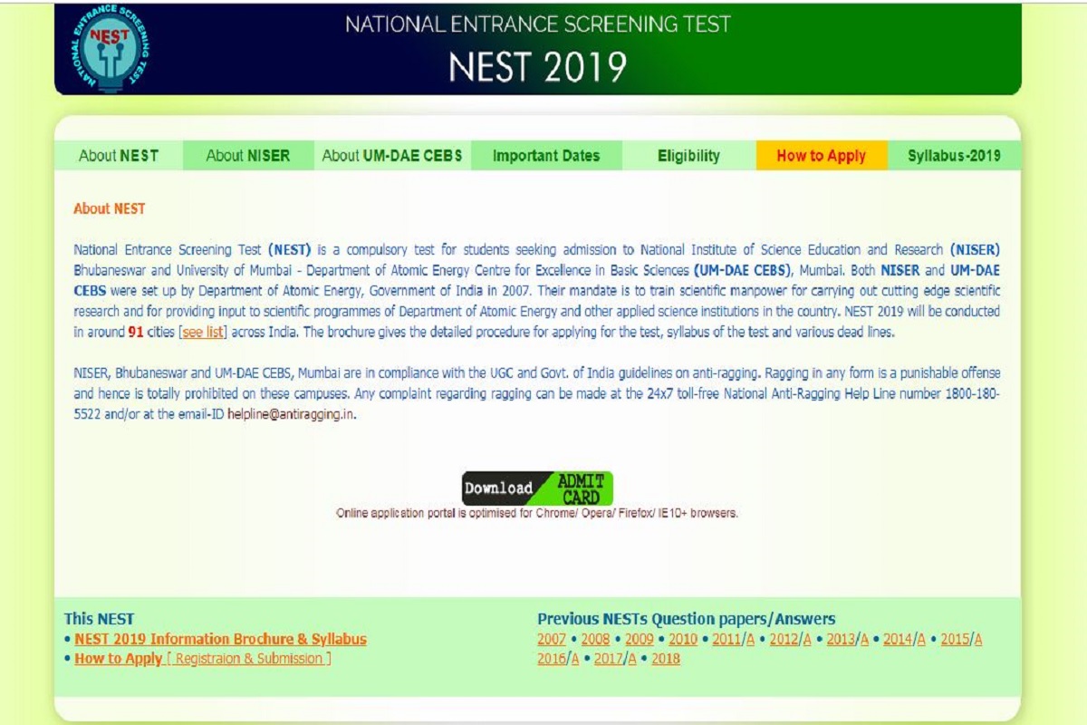 NEST 2019 admit cards released | Download now from nestexam.in