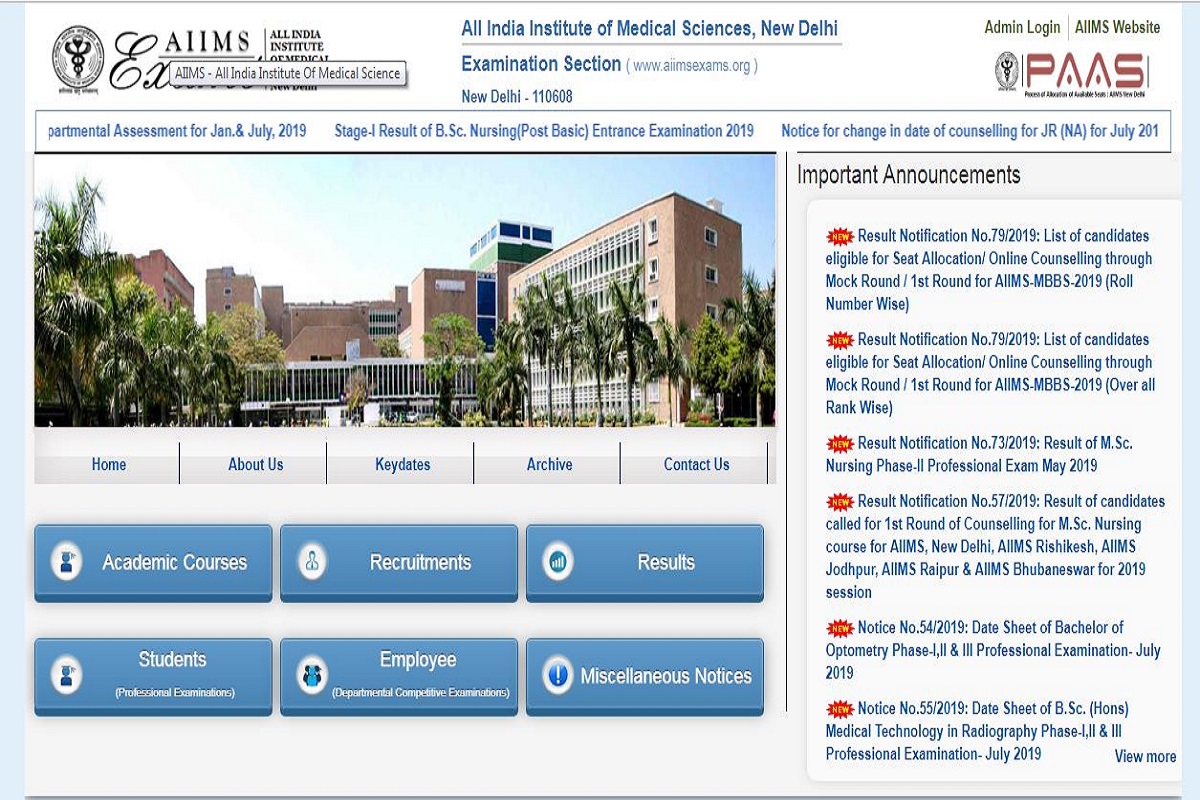 AIIMS MBBS results 2019 declared at aiimsexams.org | Direct link to check results here