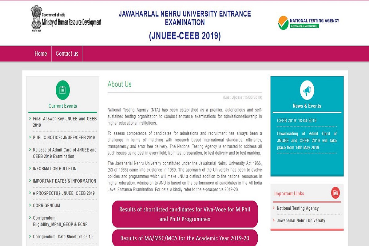 JNU PG Entrance exams results 2019 declared at ntajnu.nic.in | Direct link here