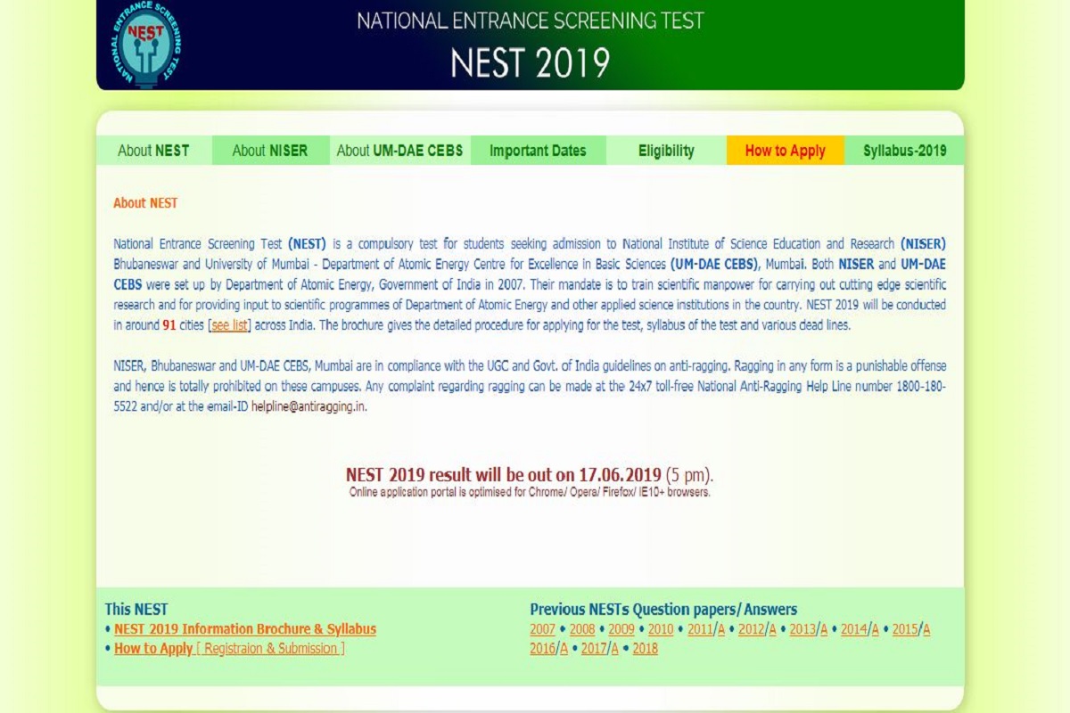 NEST results 2019 to be declared today at nestexam.in | Steps to check results here