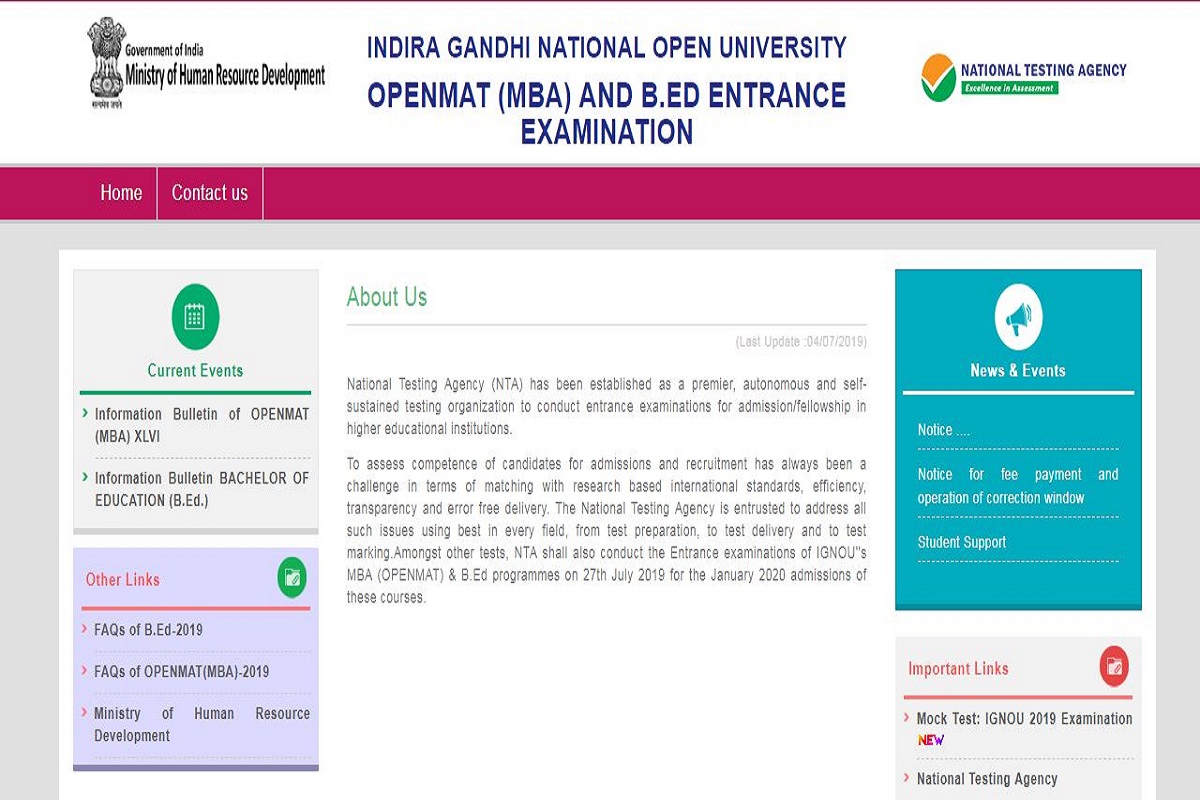 IGNOU OPENMAT, B. Ed entrance test admit cards 2019 to be released soon at ntaignou.nic.in