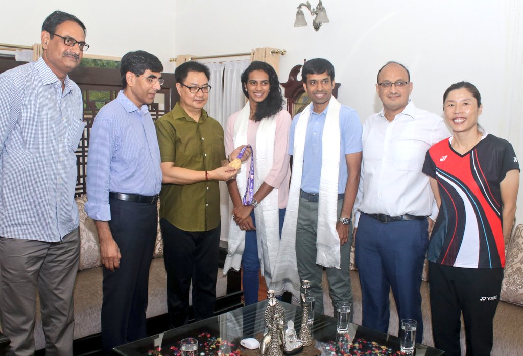 Kiren Rijiju meets newly crowned champion PV Sindhu