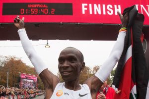 Eliud Kipchoge of Kenya breaches two-hour mark marathon for first time