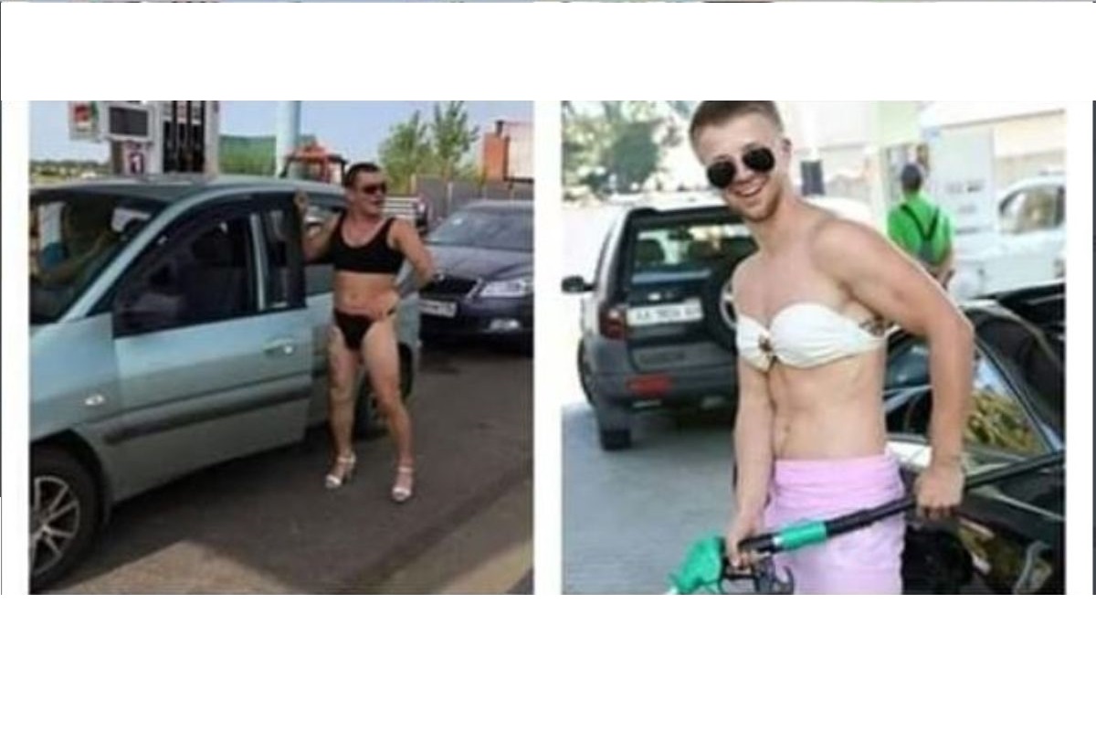 Men turn up in bikinis to get free fuel at Russian petrol pump