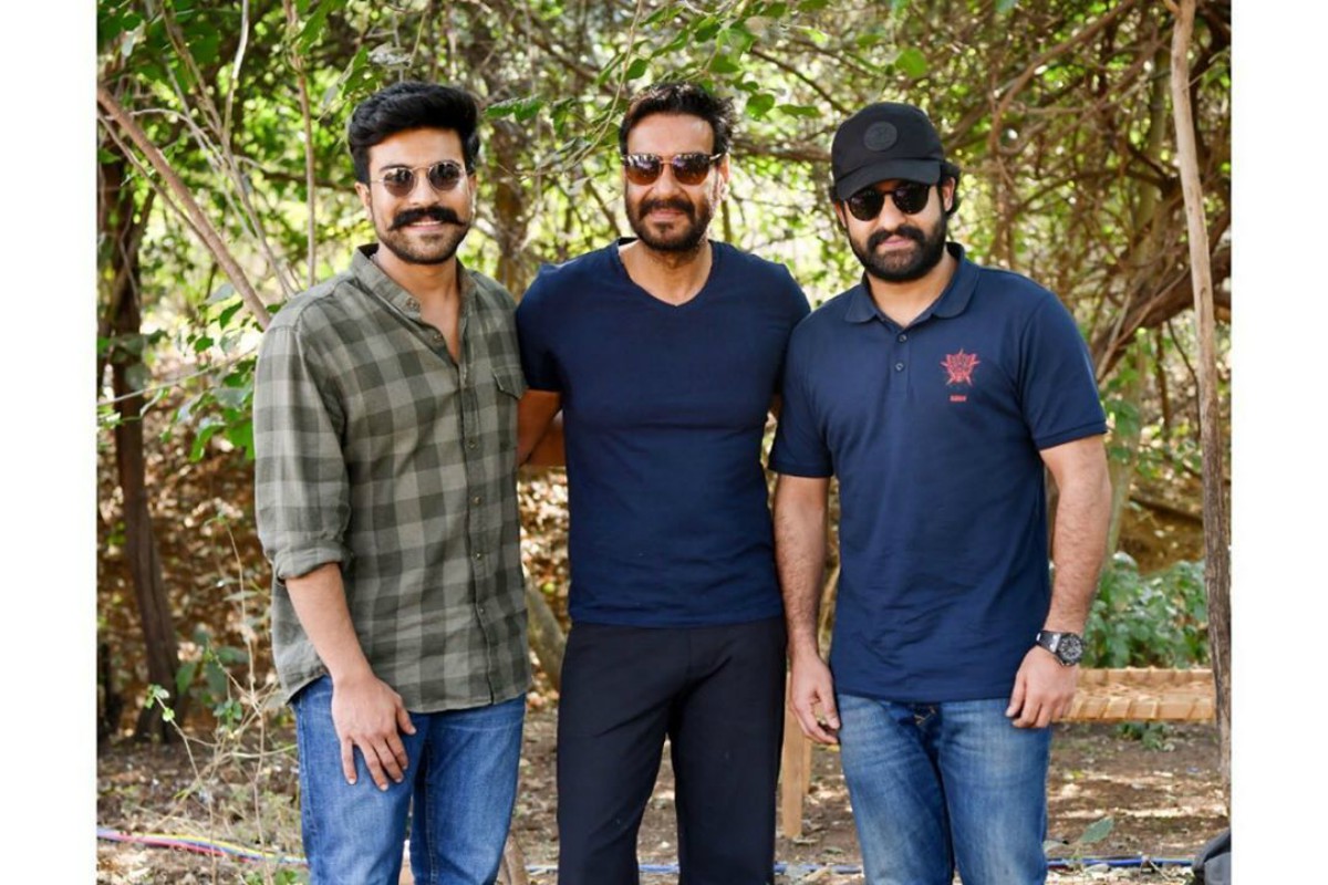 RRR : Ajay Devgn, Jr NTR, Ram Charan pose for a perfect picture