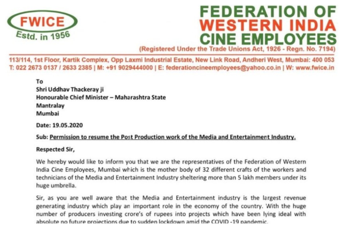 FWICE seeks permission from Maharashtra CM to resume post-production work