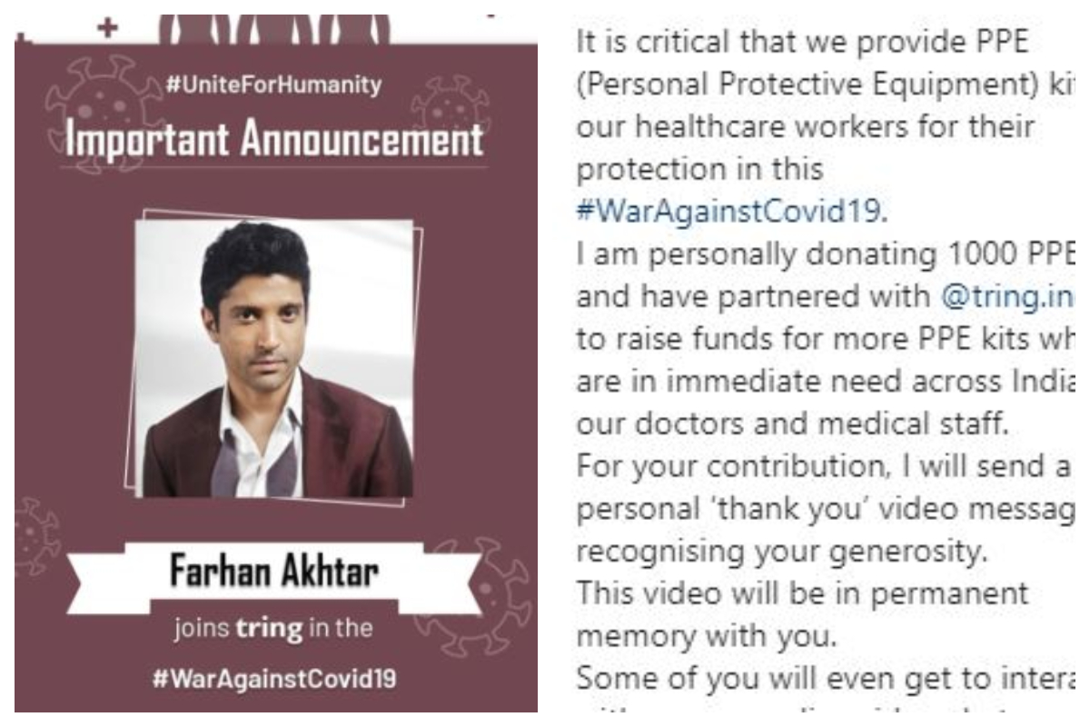 Coronavirus Outbreak: Farhan Akhtar donates 1,000 PPE kits to healthcare workers