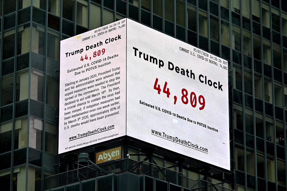 ‘Trump Death Clock’ by filmmaker Eugene Jarecki in New York claims to count avoidable COVID-19 deaths in US