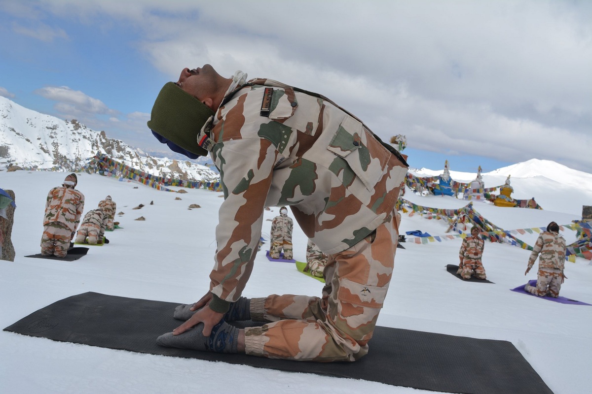 Army, ITBP jawans practice yoga on snow-clad mountains in Ladakh
