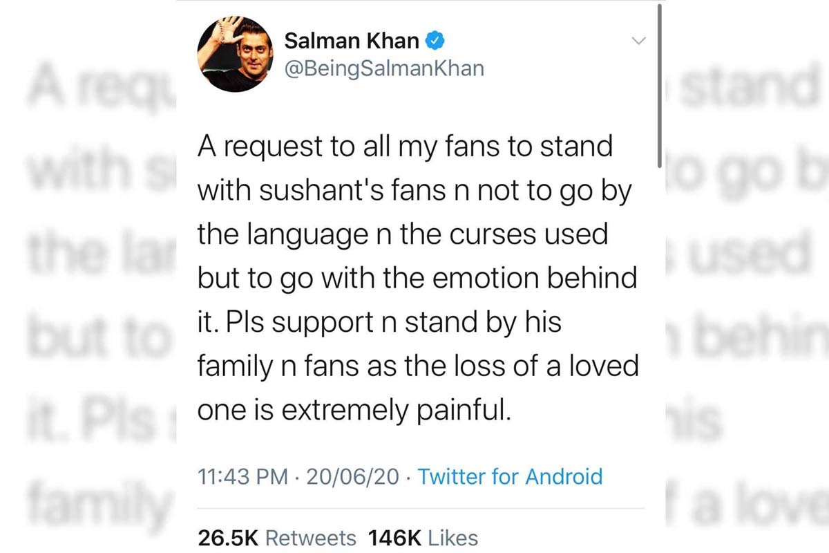 Salman Khan requests fans to stand with Sushant’s family, fans