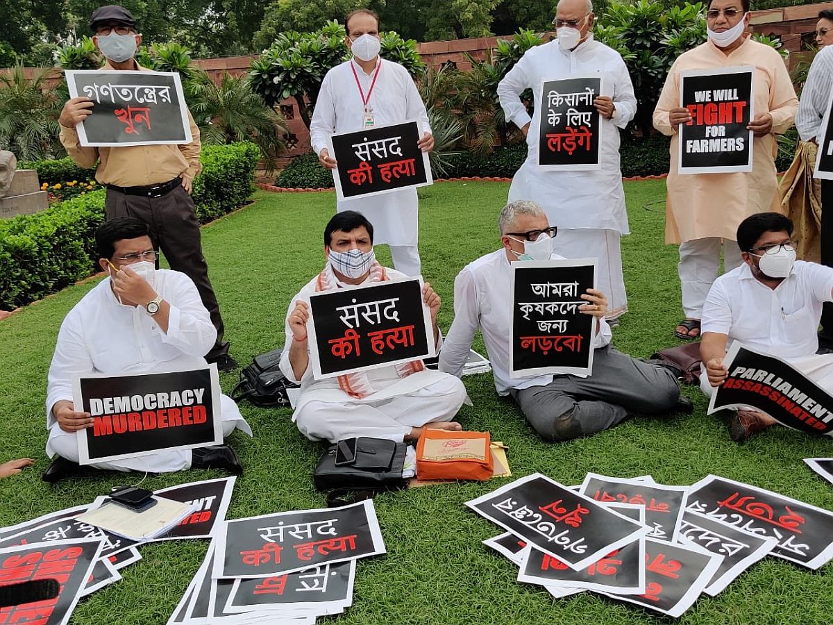 8 suspended MPs refuse to leave Parliament premises, stage sit-in protest near Gandhi statue