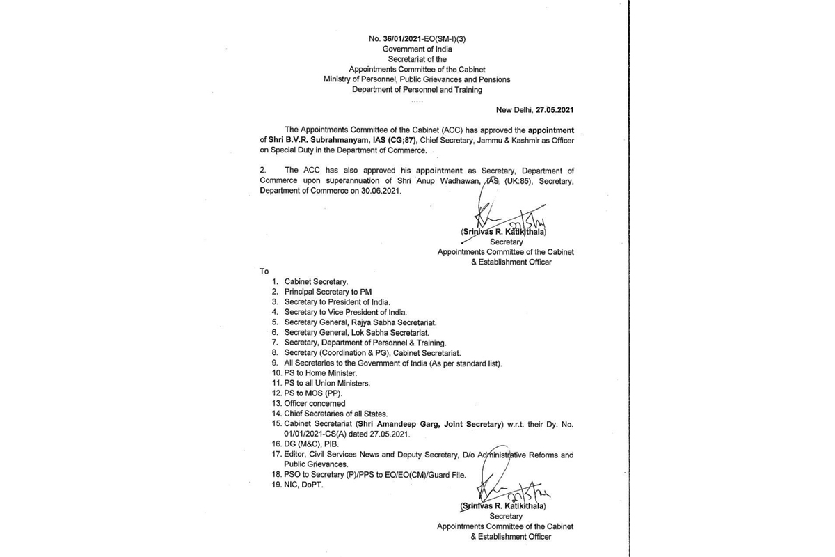 J&K chief secretary BVR Subrahmanyam to be secretary commerce
